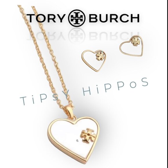 Tory Burch Mother of Pearl HeartEarrings & Necklace - Picture 1 of 7